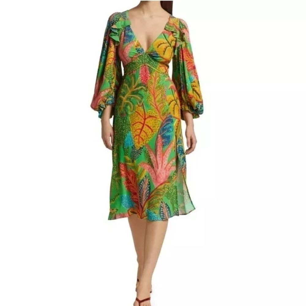 Farm Rio Forest Dream V Neck Midi Tropical Print Green Slit Dress. Size XS.